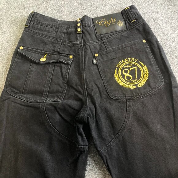 Eight 732 Jeans Mens 30x32 Black Denim Patch Y2K Skate Loose Baggy 8732 - Picture 1 of 12